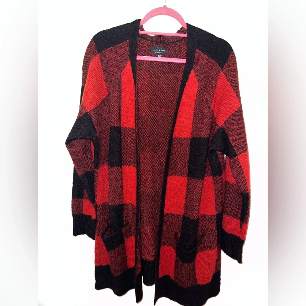 Lucky Brand Red and Black Checkered Cardigan - Picture 1 of 5